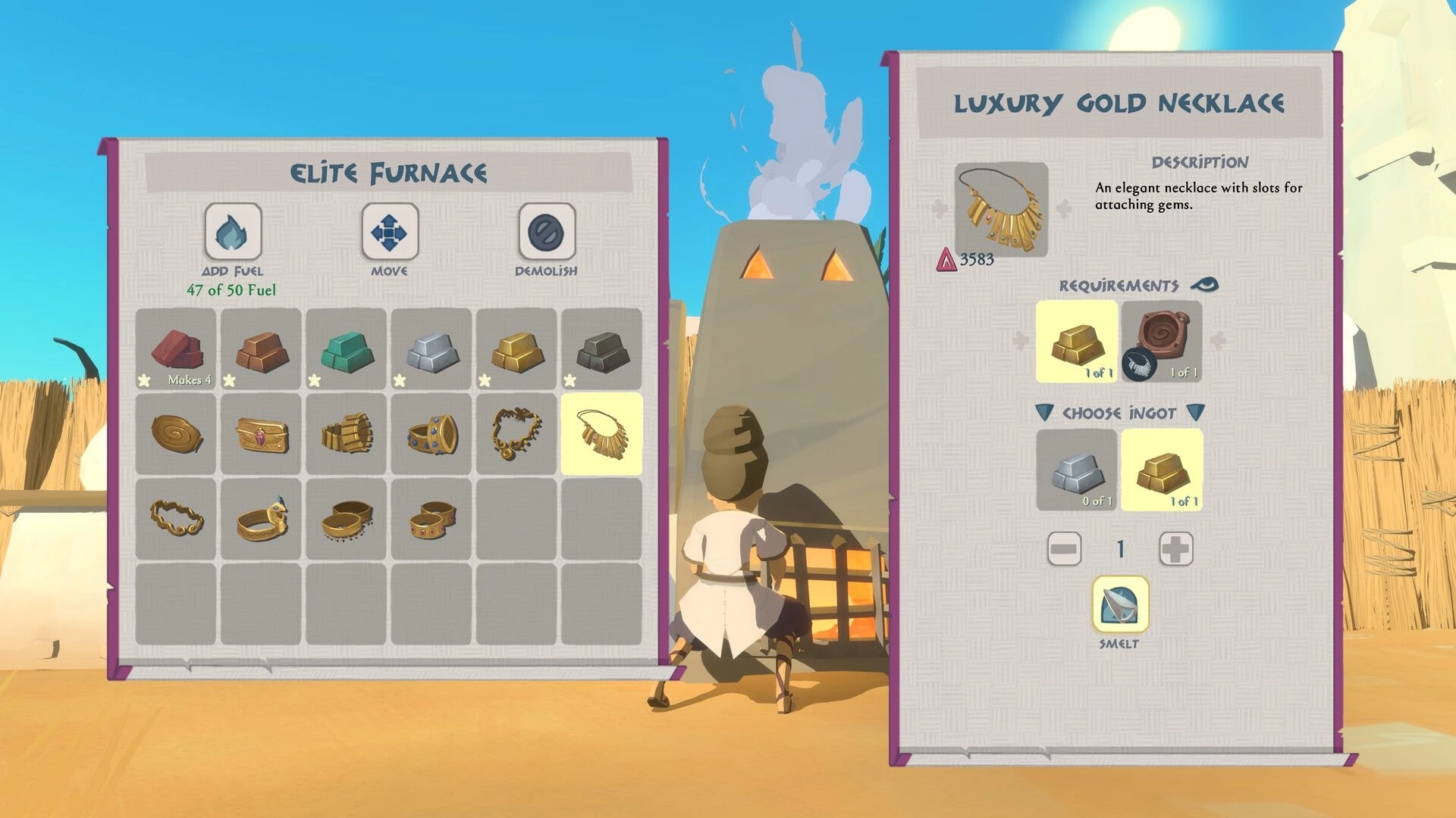 Fields of Aaru: Elite Furnace crafting menu selecting Luxury Gold Necklace beside a desert forge station.