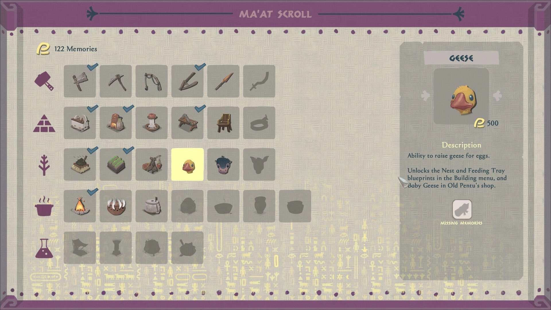 Fields of Aaru: Ma'at Scroll menu with memories grid, Geese selected and description panel on right.