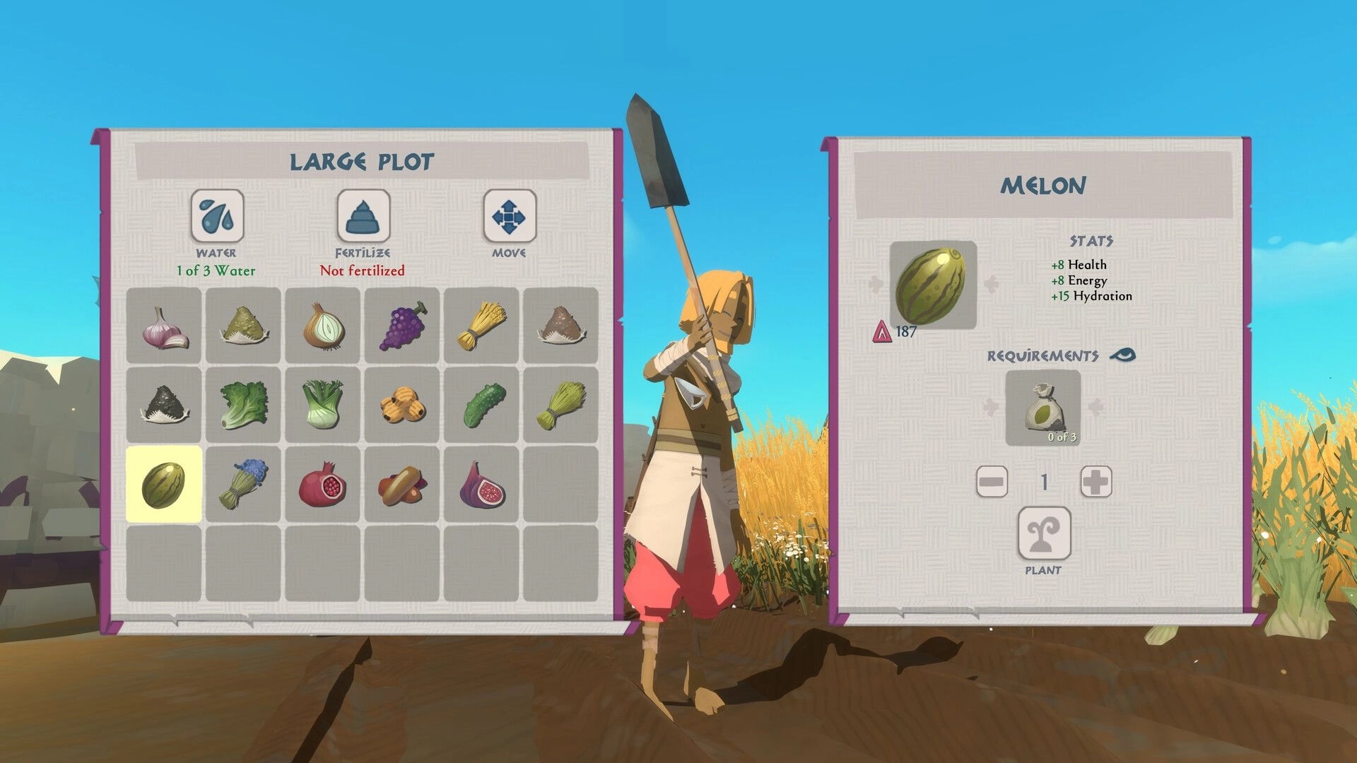 Fields of Aaru: Large Plot planting menu selecting melon seed beside farmer in sunny field UI panels.
