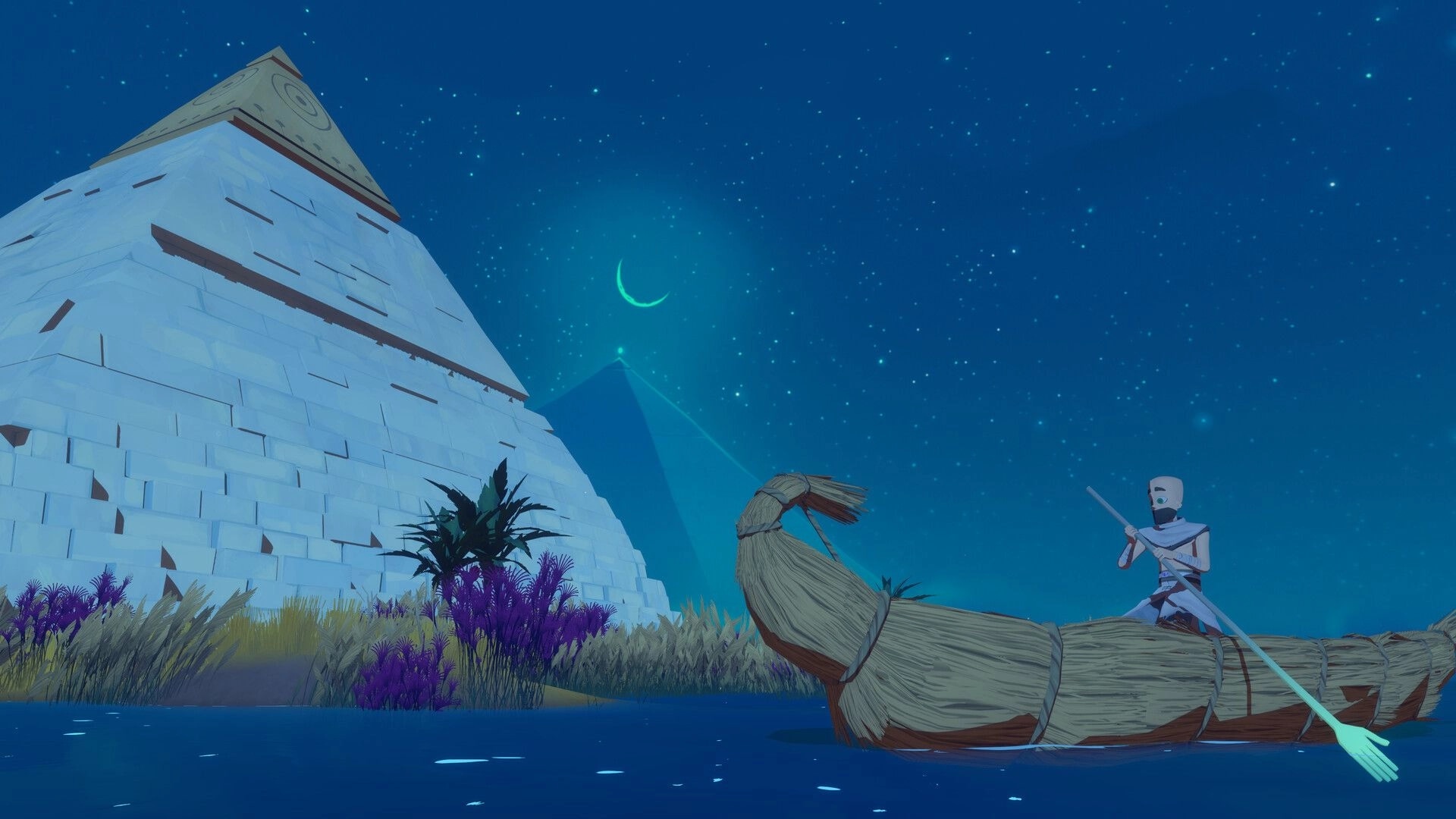 Fields of Aaru: Masked boatman paddles a reed skiff past a pyramid under a starry night sky.