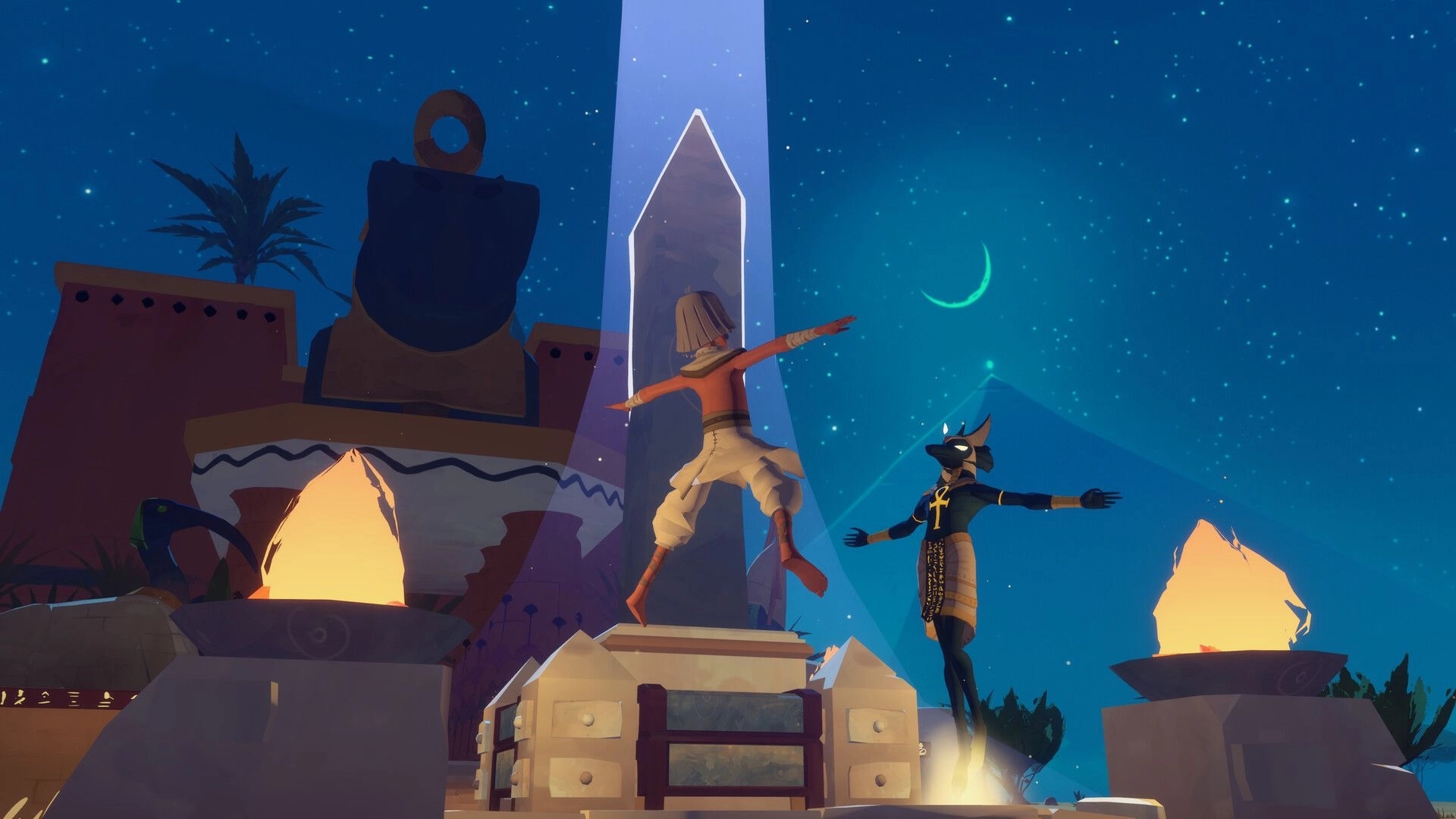 Fields of Aaru: Two figures levitate with arms outstretched by a glowing obelisk under starry sky.