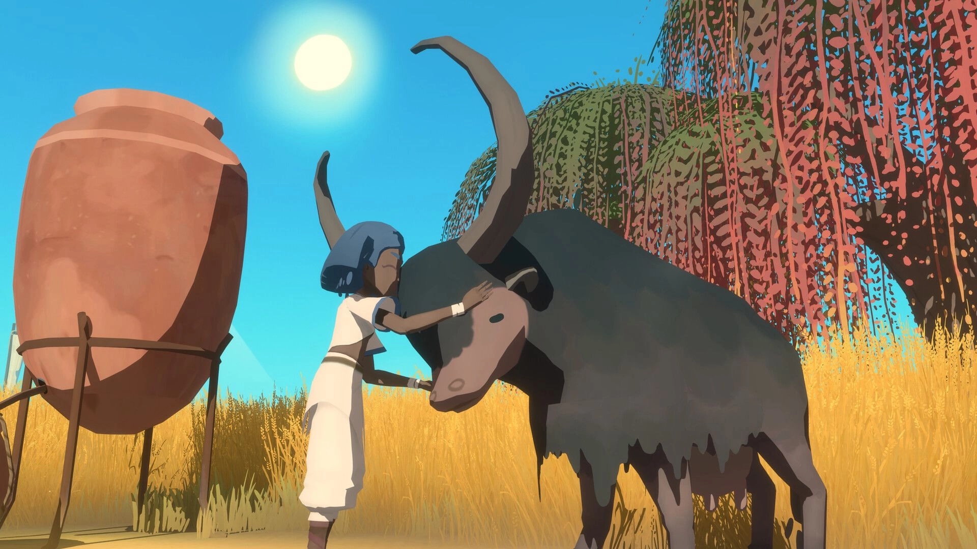 Fields of Aaru: Player pets a horned cow beside a clay jar in sunlit tall grass near trees.