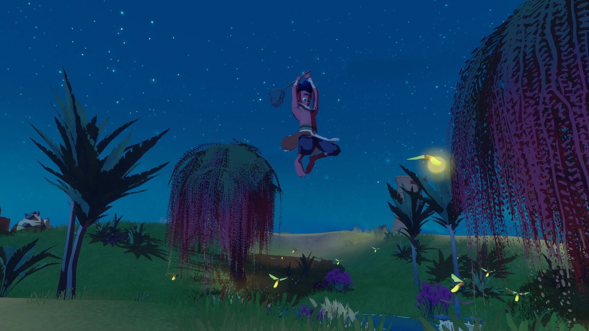 Fields of Aaru: Player character mid-jump with bug net under starry night over grassy oasis trees and fireflies.