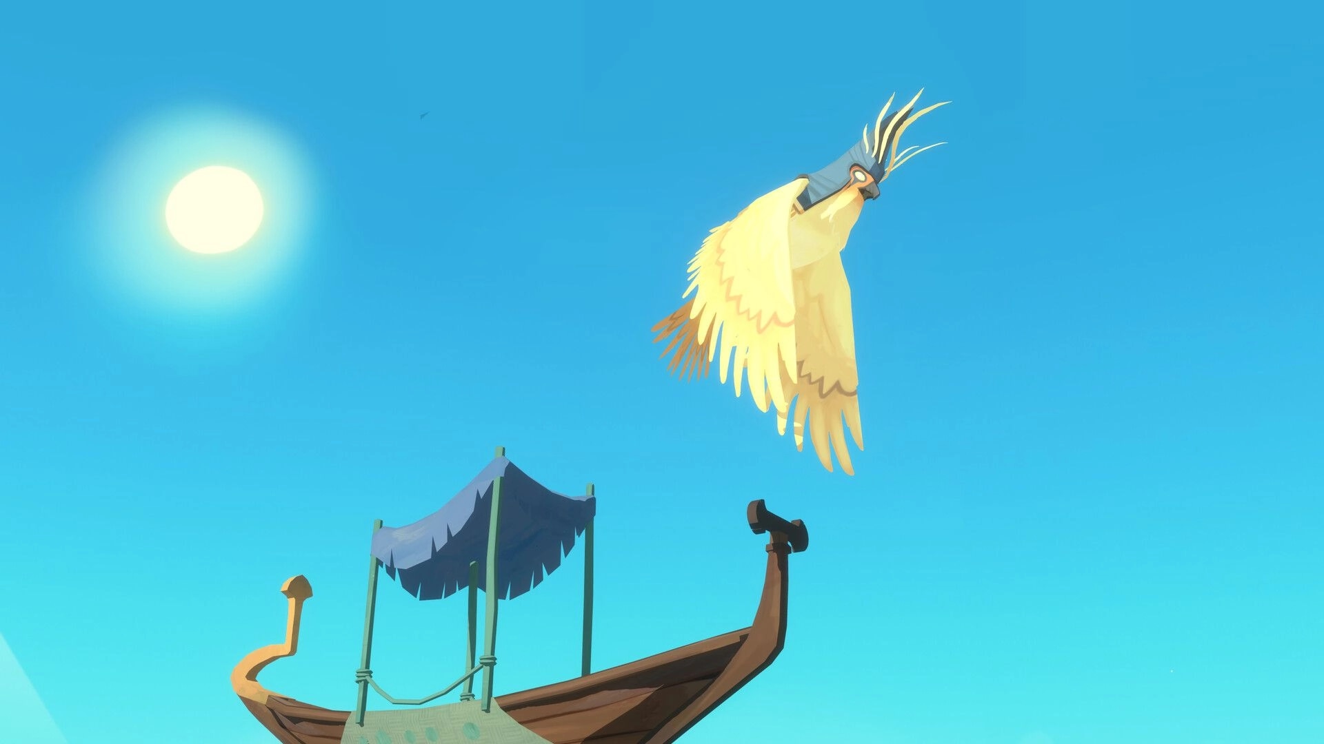 Fields of Aaru: Golden bird spirit gliding above a sailboat mast under bright sun in clear sky.