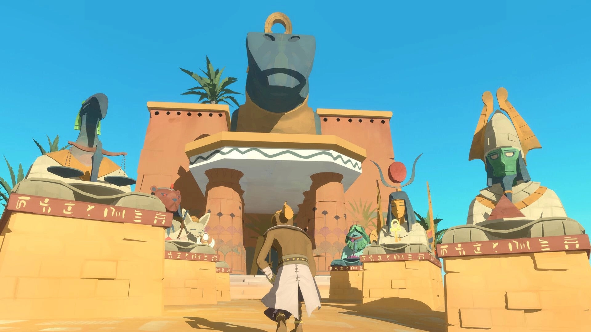 Fields of Aaru: Player walks toward temple entrance between giant statues under a bright blue sky.