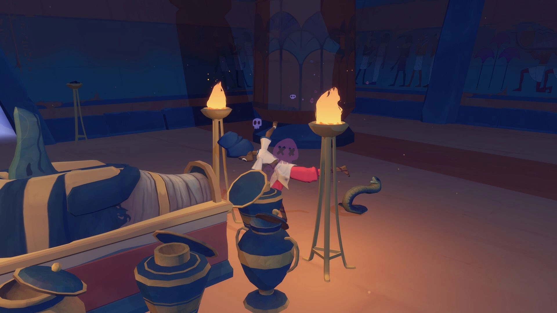 Fields of Aaru: Player collapses with skull icons near torches inside a blue tomb chamber with jars.