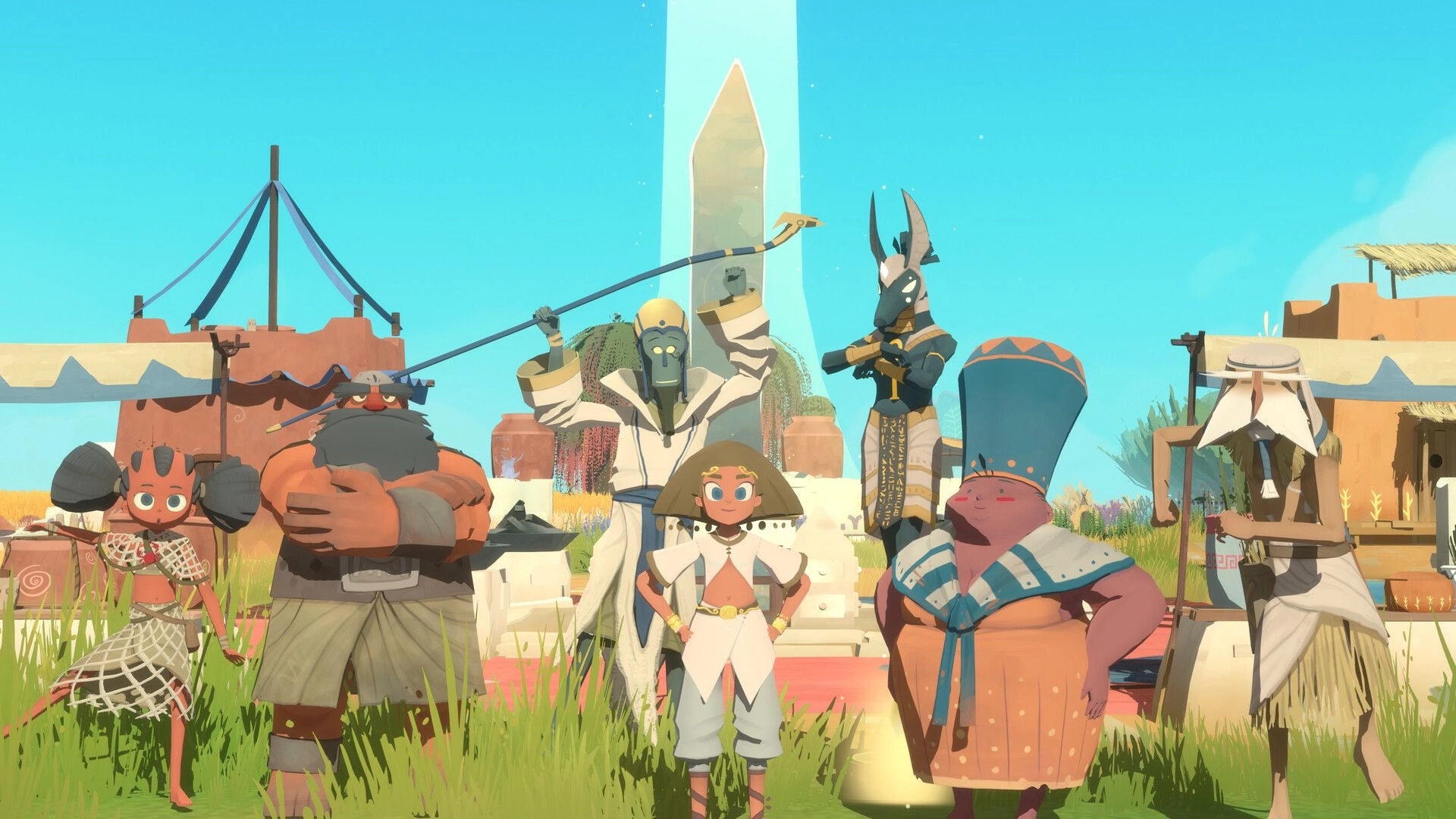 Fields of Aaru: Group of villagers pose in front of a tall glowing obelisk in a sunny desert town.