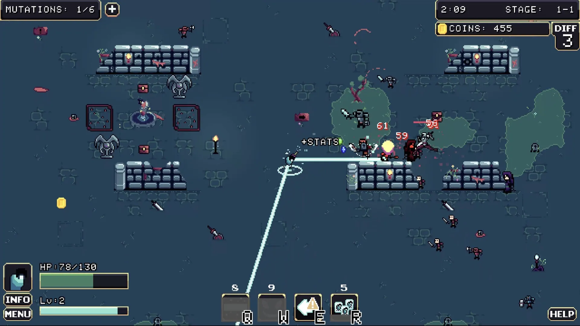 FIENDRISE: Player battles enemies in dungeon with health, mutations, and coin UI elements visible.
