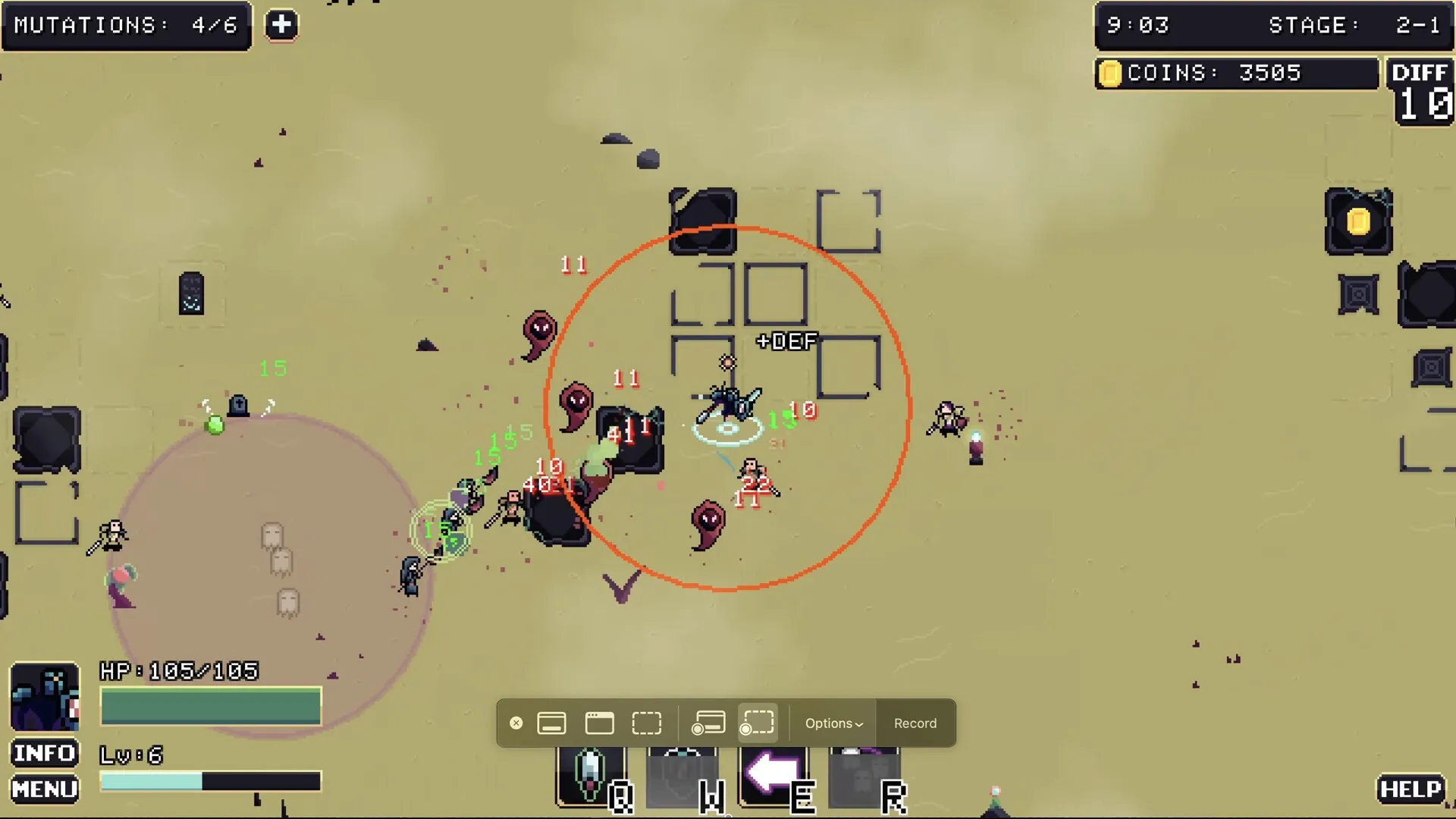 FIENDRISE: Player battling enemies in desert arena with health bar and mutations displayed