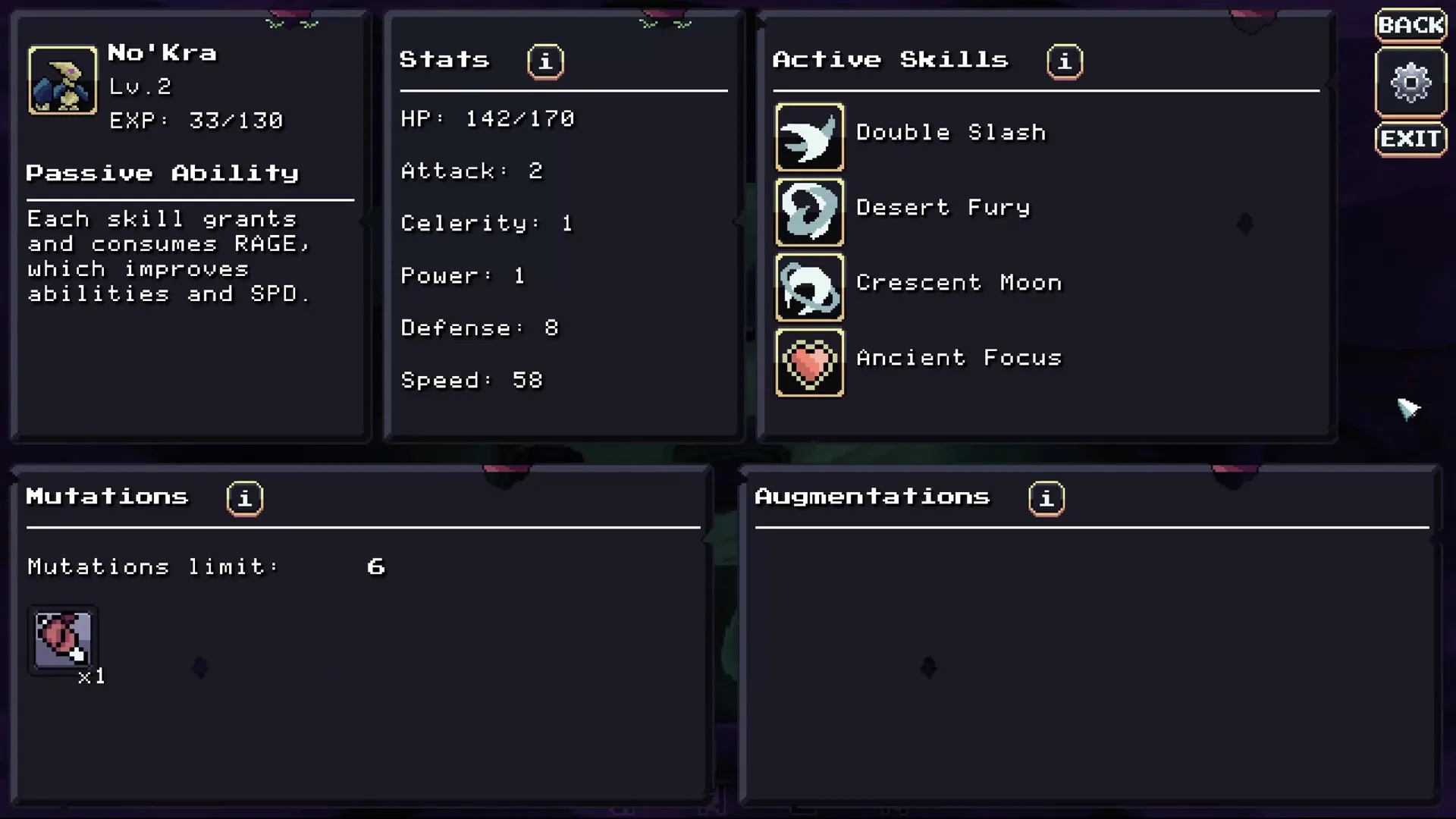 FIENDRISE: Character status screen of No'Kra with stats, skills, mutations, and augmentations displayed.