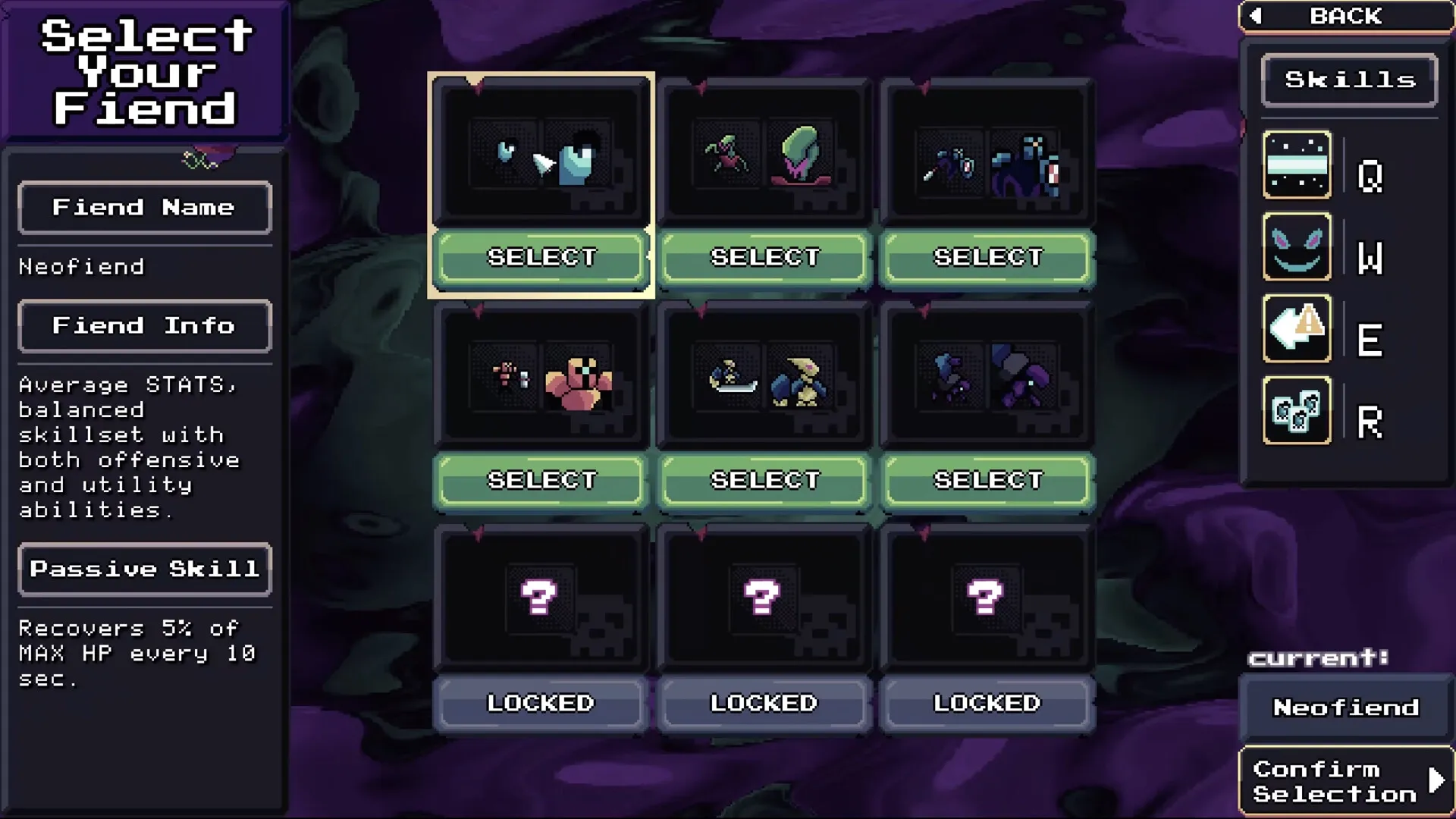 FIENDRISE: Fiend selection menu with Neofiend details and skill icons on a dark background