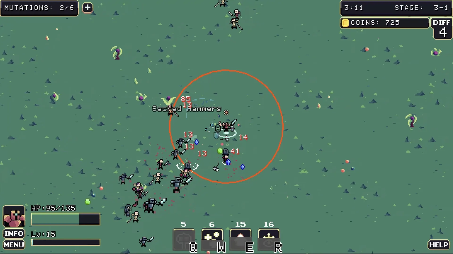 FIENDRISE: Player uses Sacred Hammers skill surrounded by enemies in a grassy battlefield setting.