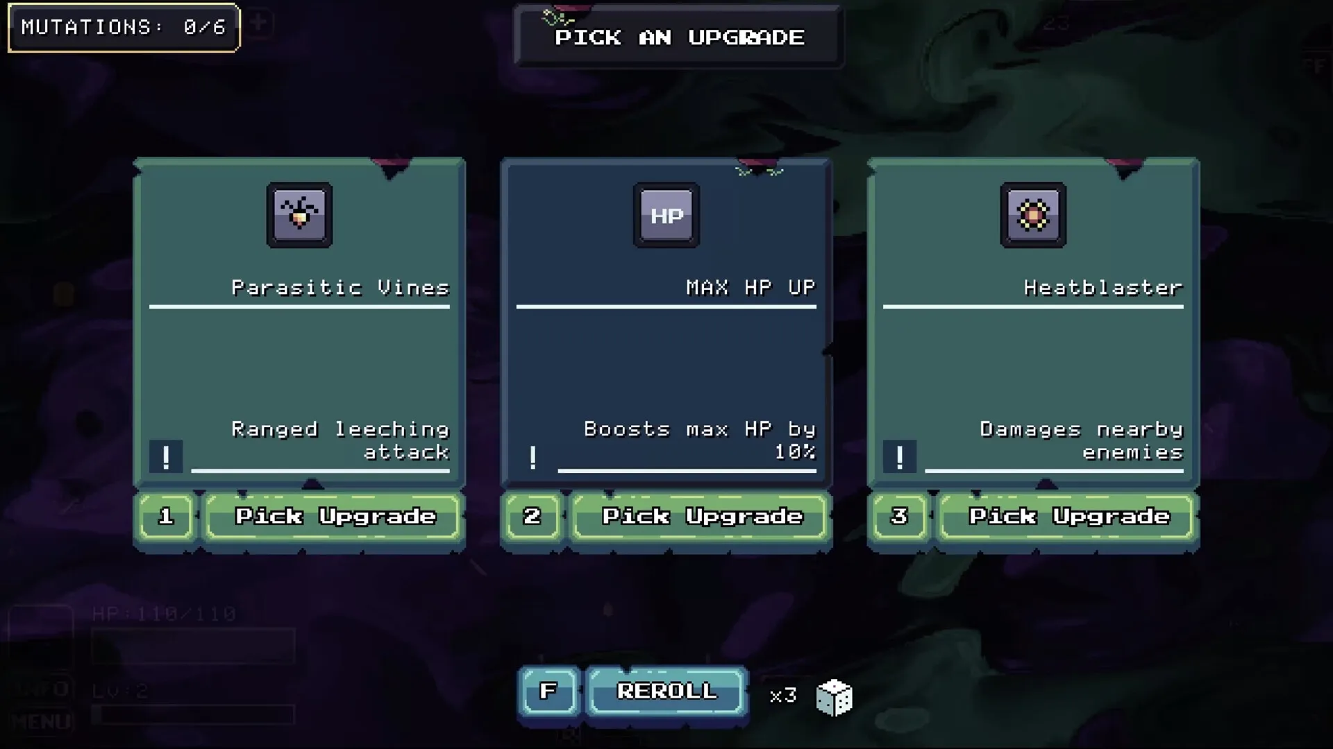 FIENDRISE: Upgrade selection screen showing three options: Parasitic Vines, Max HP Up, and Heatblaster.