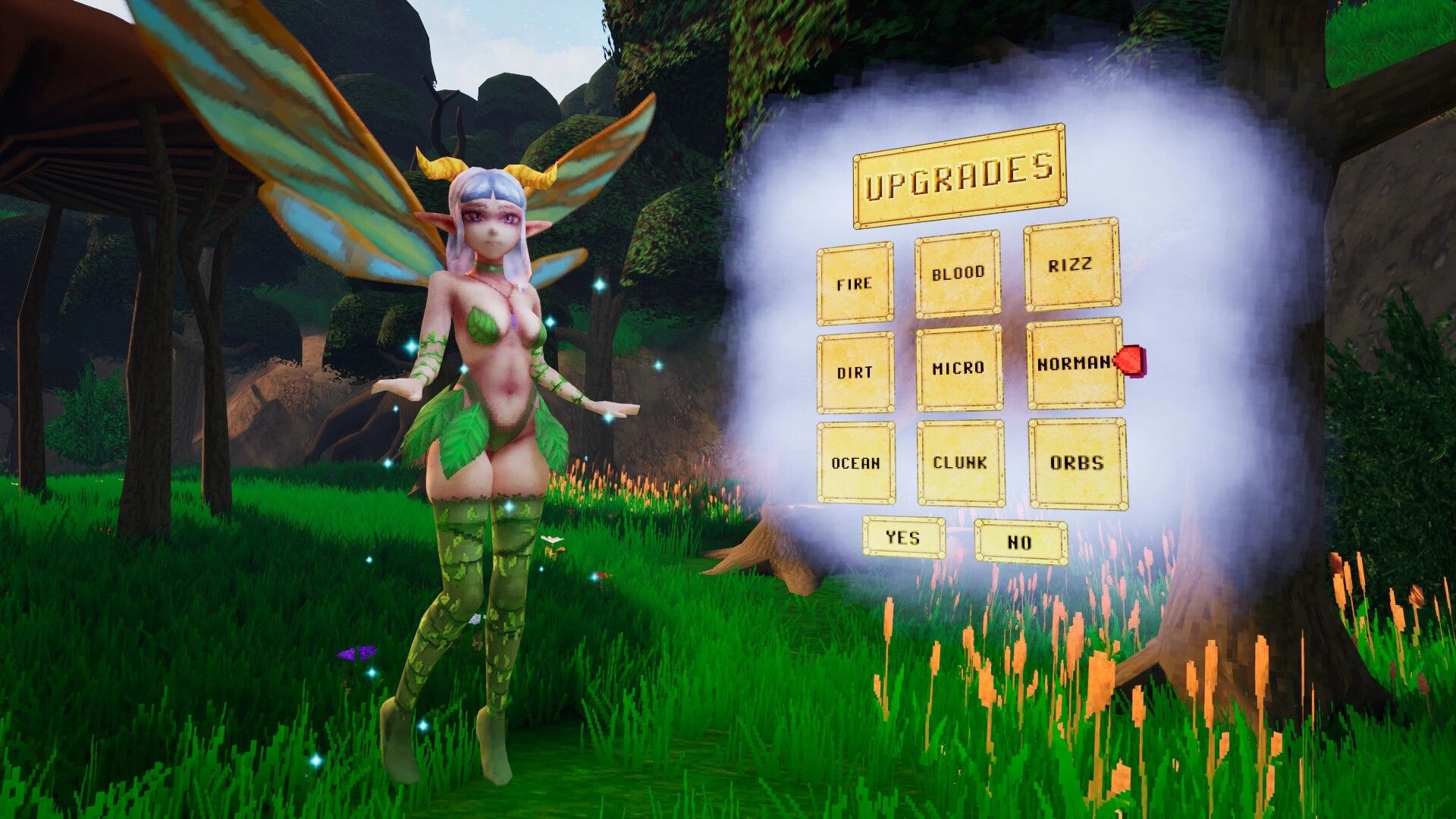 FIGHT-QUEST: Fairy character beside upgrade menu in an enchanted forest setting