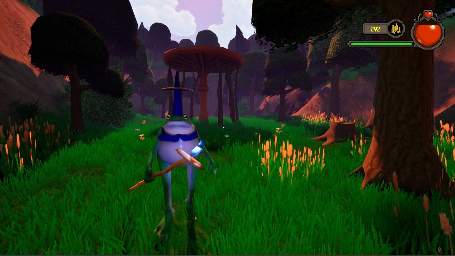 FIGHT-QUEST: Frog character with staff in lush forest setting, health and gold displayed on UI