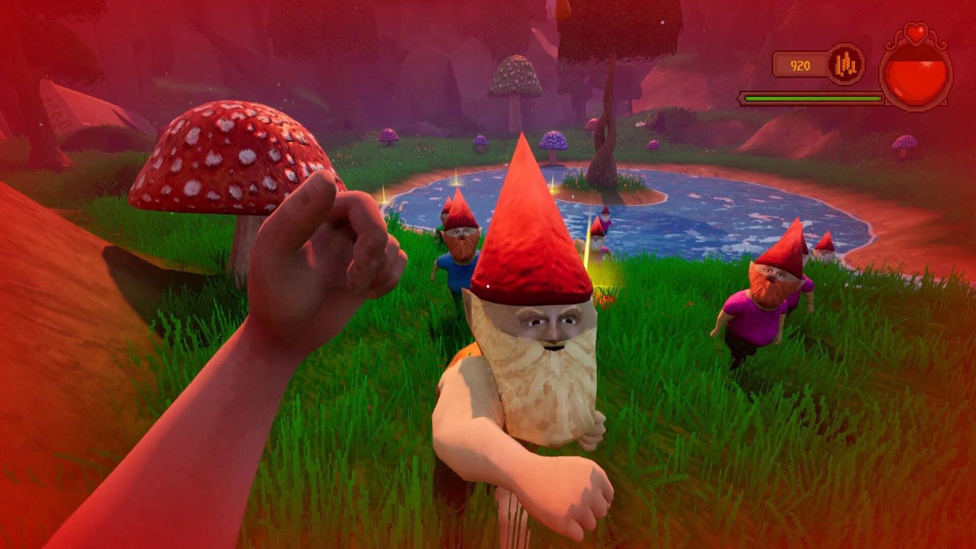 FIGHT-QUEST: First-person combat with gnomes near a pond, health and score displayed in forest setting.