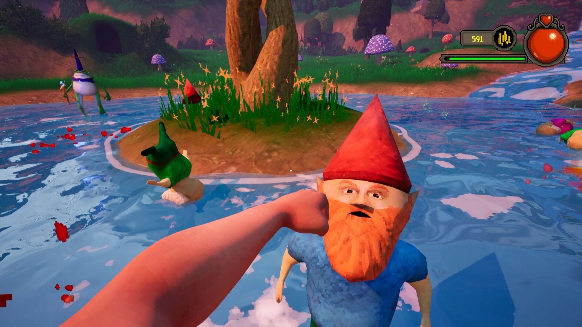 FIGHT-QUEST: First-person punch at red-capped gnome in vibrant forest creek with UI health and gold display