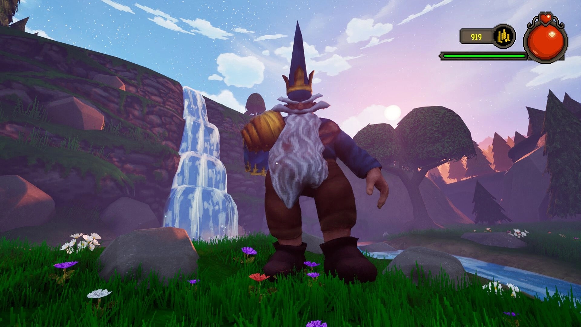 FIGHT-QUEST: Wizard character in enchanted forest with waterfall, health bar and gold count visible