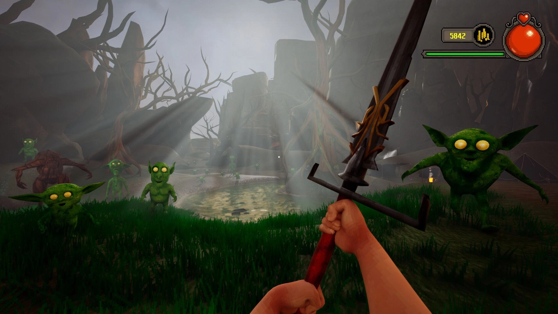 FIGHT-QUEST: First-person sword combat with goblins in a dark, eerie forest clearing environment