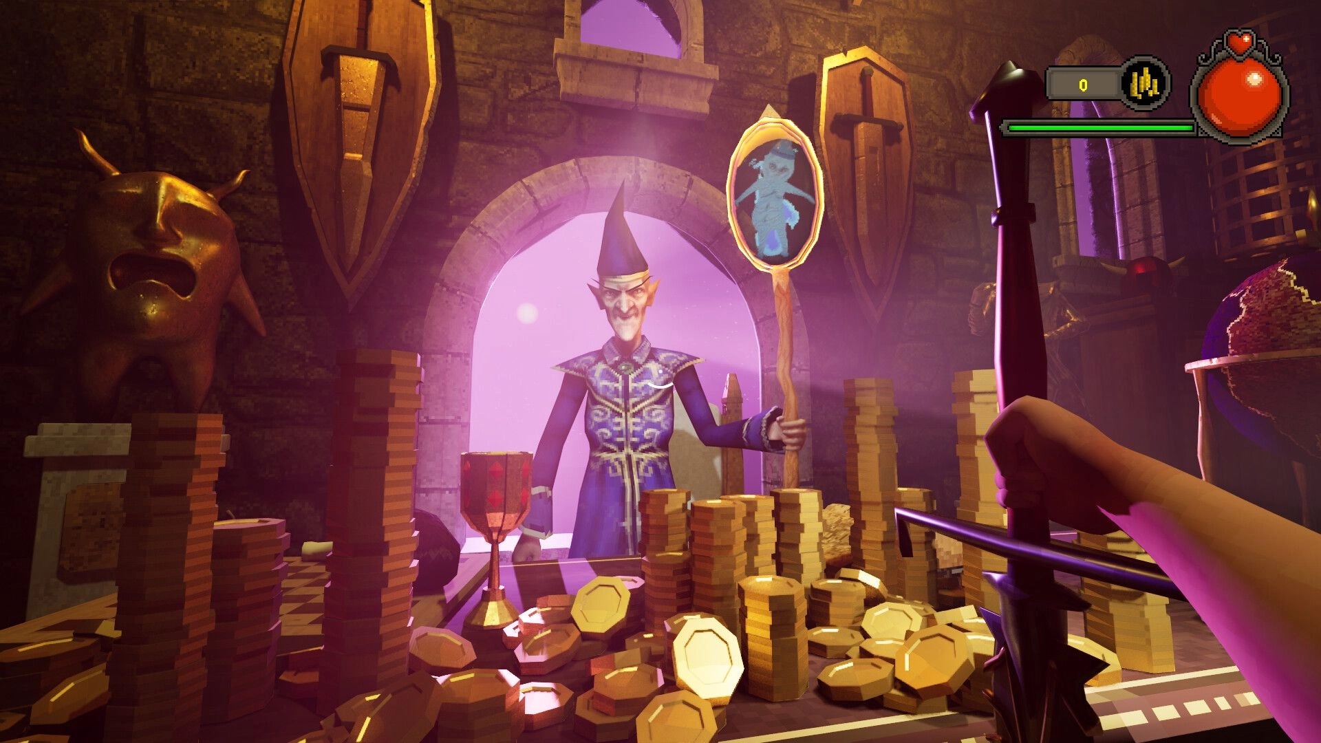FIGHT-QUEST: Wizard merchant behind piles of gold in a medieval market with weapons on the wall.