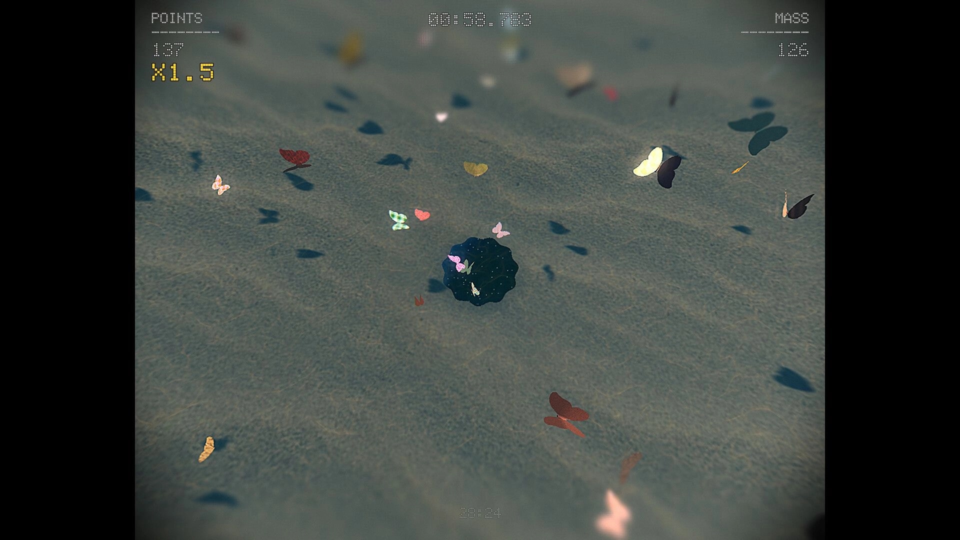Fill The Void: Small black void swallows colorful butterflies on sandy ground with points and mass HUD.