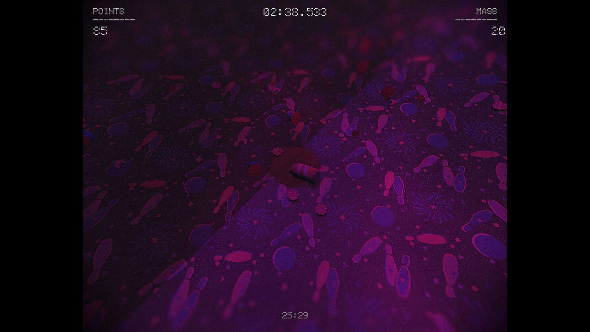 Fill The Void: Rolling sphere collects candies on a purple patterned floor with points, timer, and mass UI.