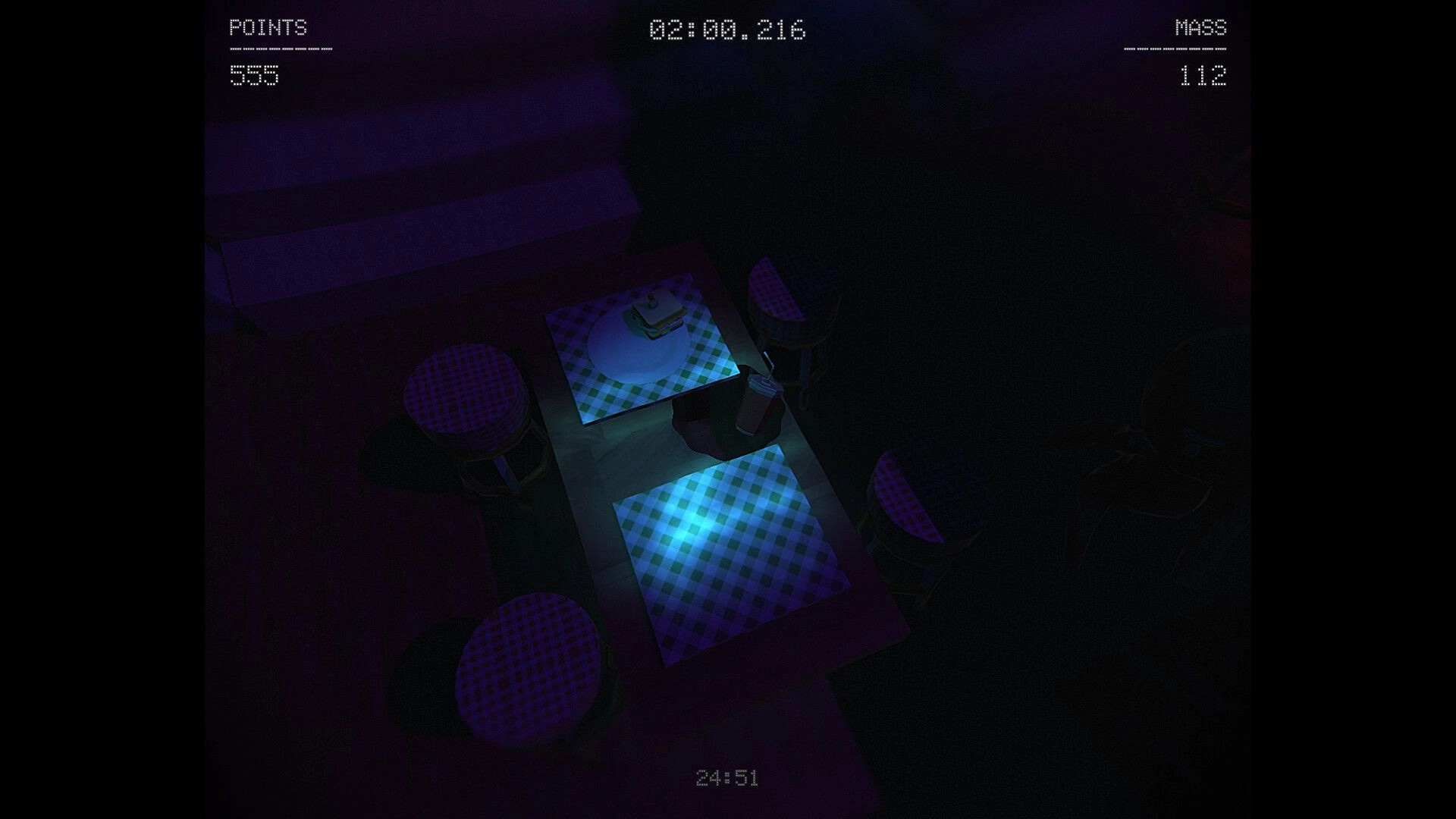 Fill The Void: Overhead view of checkered picnic tables and stools in dark void, points and mass HUD.