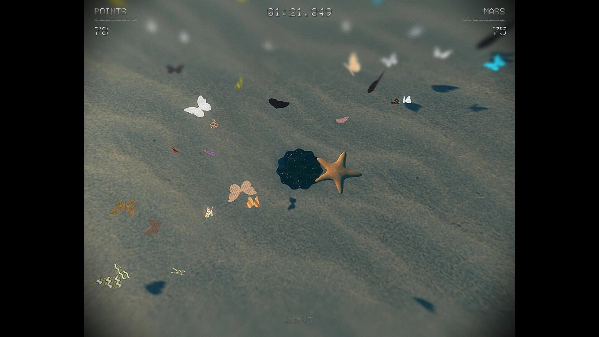 Fill The Void: Swallowing butterflies with a void hole near a starfish on a sandy beach HUD.