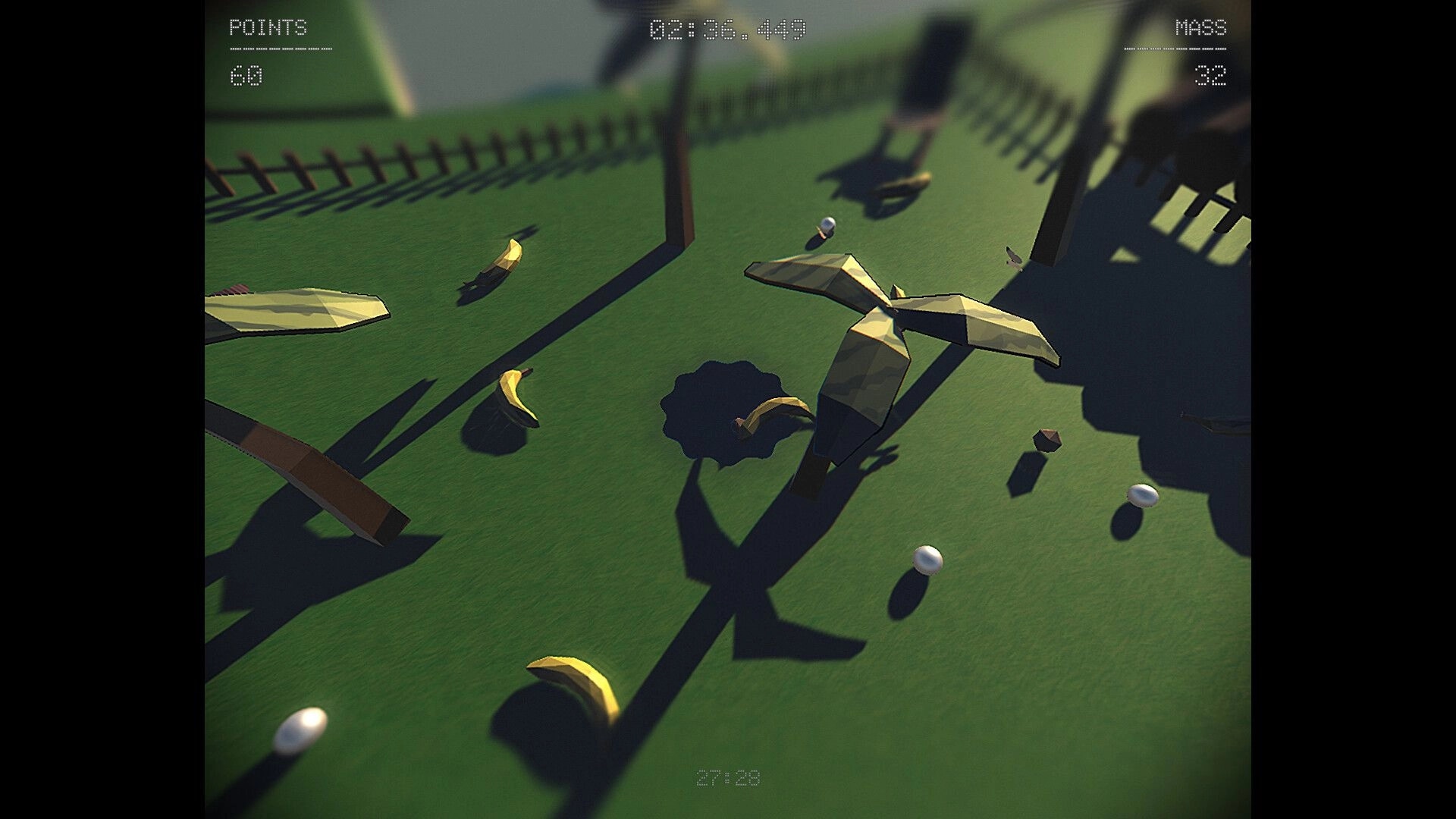Fill The Void: Void hole swallows bananas and eggs on grassy field under windmill, points and mass UI.