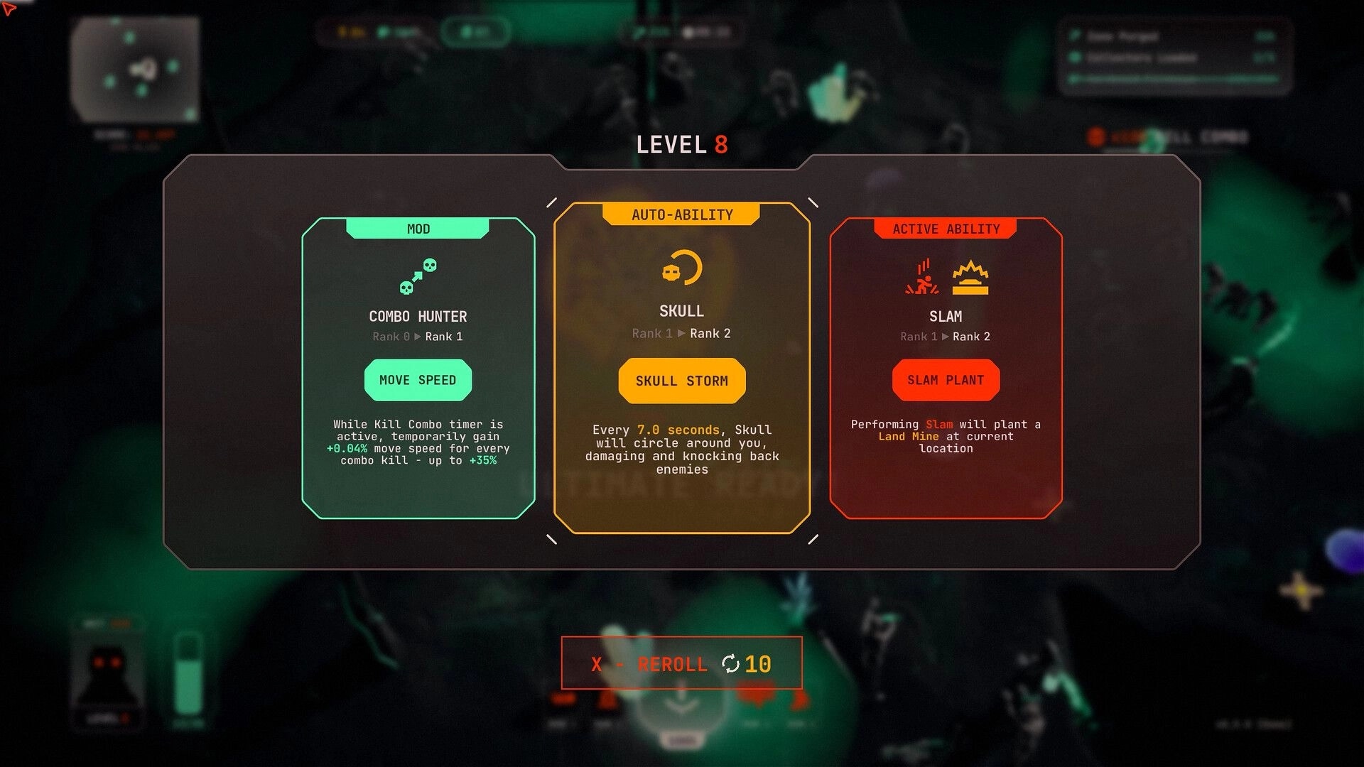 Filthium Zero: Ability selection screen showing Combo Hunter, Skull Storm, and Slam Plant upgrades