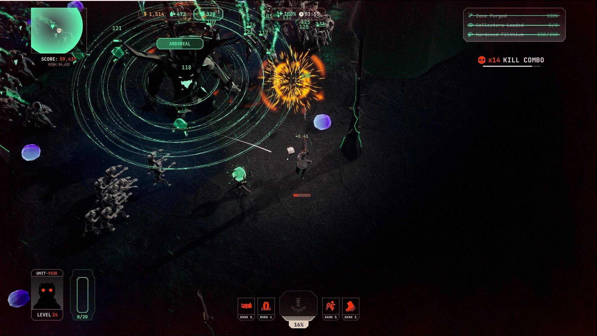 Filthium Zero: Player battles mutants with explosions and score display in dark terrain environment.