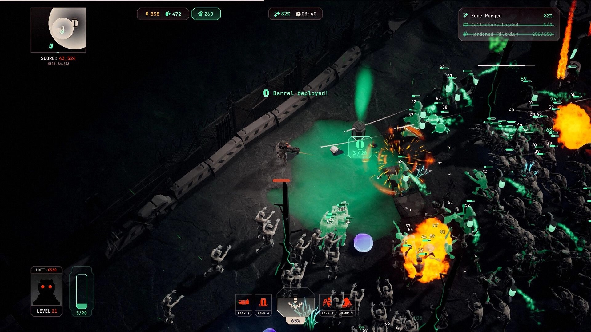 Filthium Zero: Player battling mutants near barricade, deploying barrels with UI showing health and score