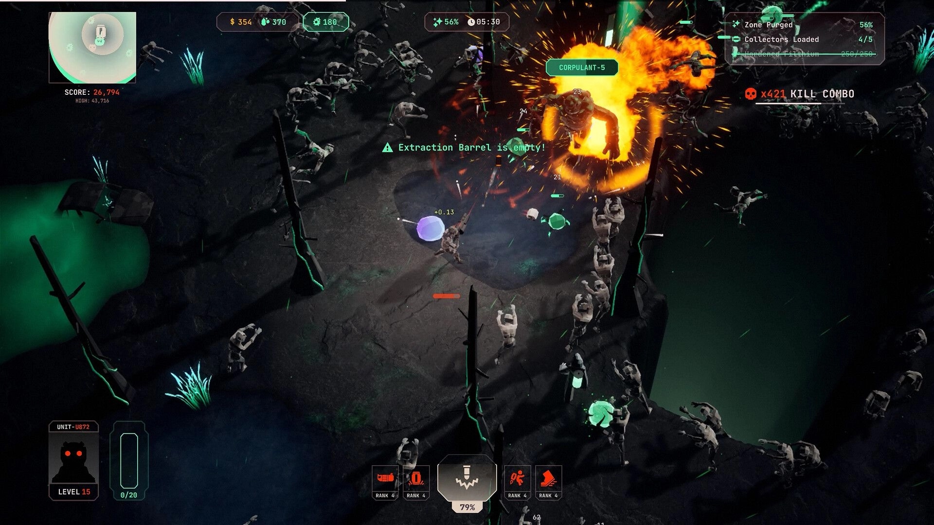Filthium Zero: Combat with mutants in dark wasteland, explosive effects, and HUD with score display