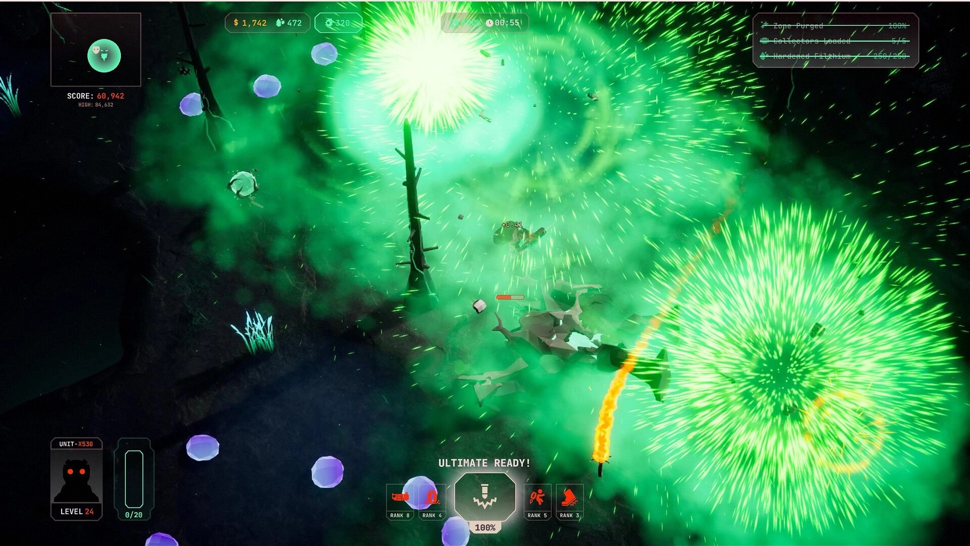Filthium Zero: Explosive combat with mutants in a glowing green zone, ultimate ability ready for action.