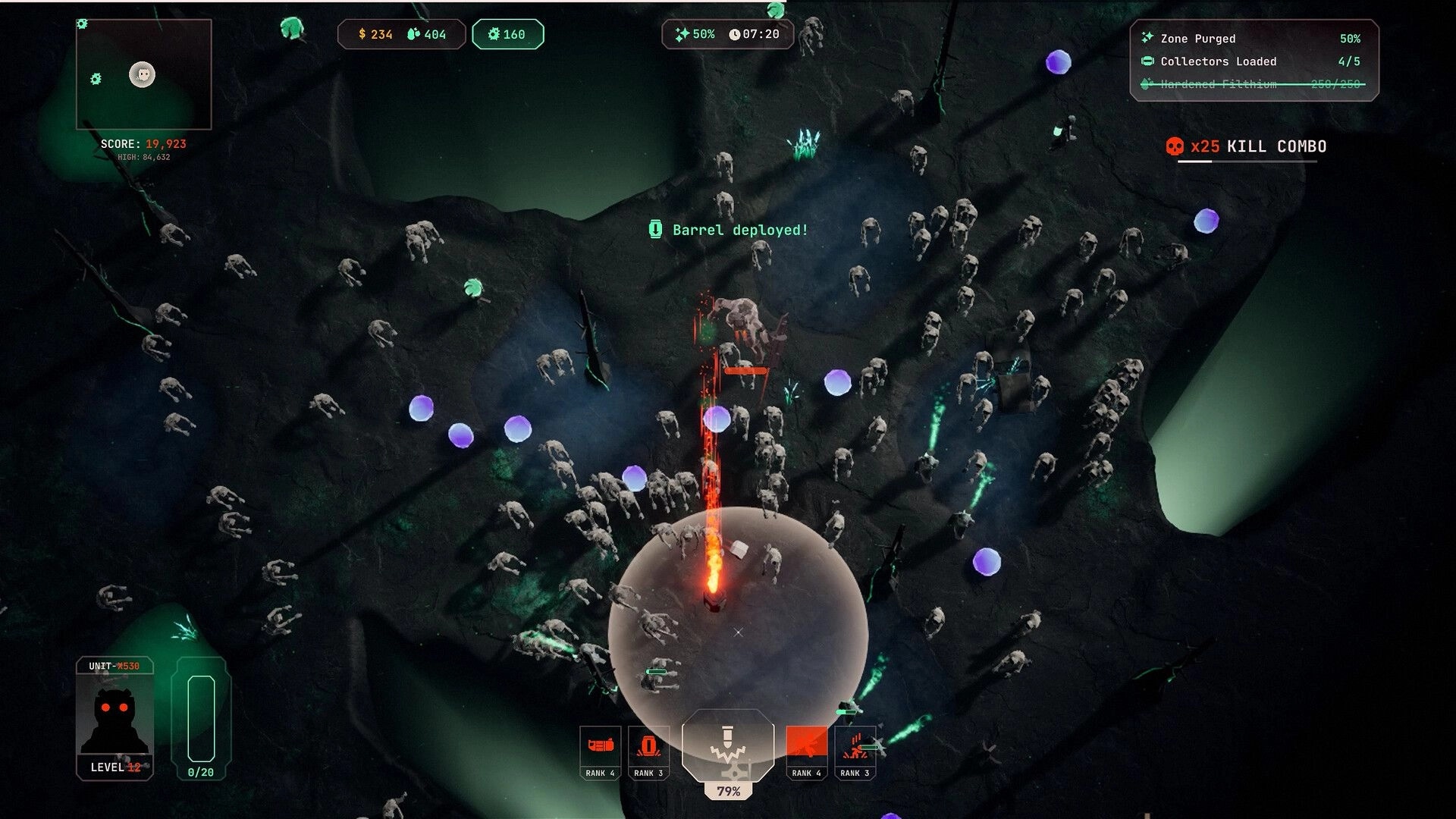 Filthium Zero: Player battles mutants with barrel deployment in dark, cavernous zone environment.