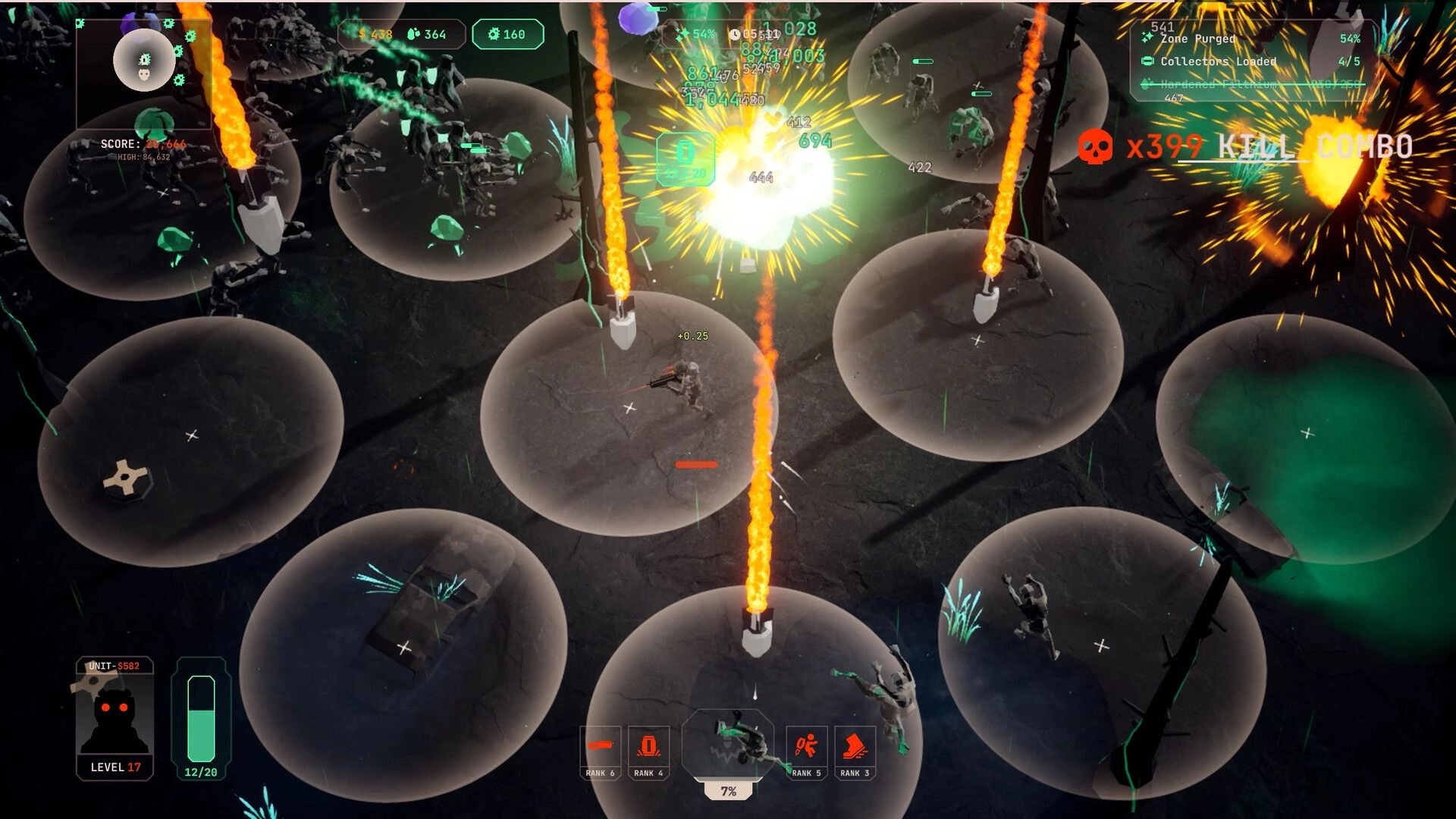 Filthium Zero: Player battles mutants with explosive effects and kill combo in dark, circular arenas.