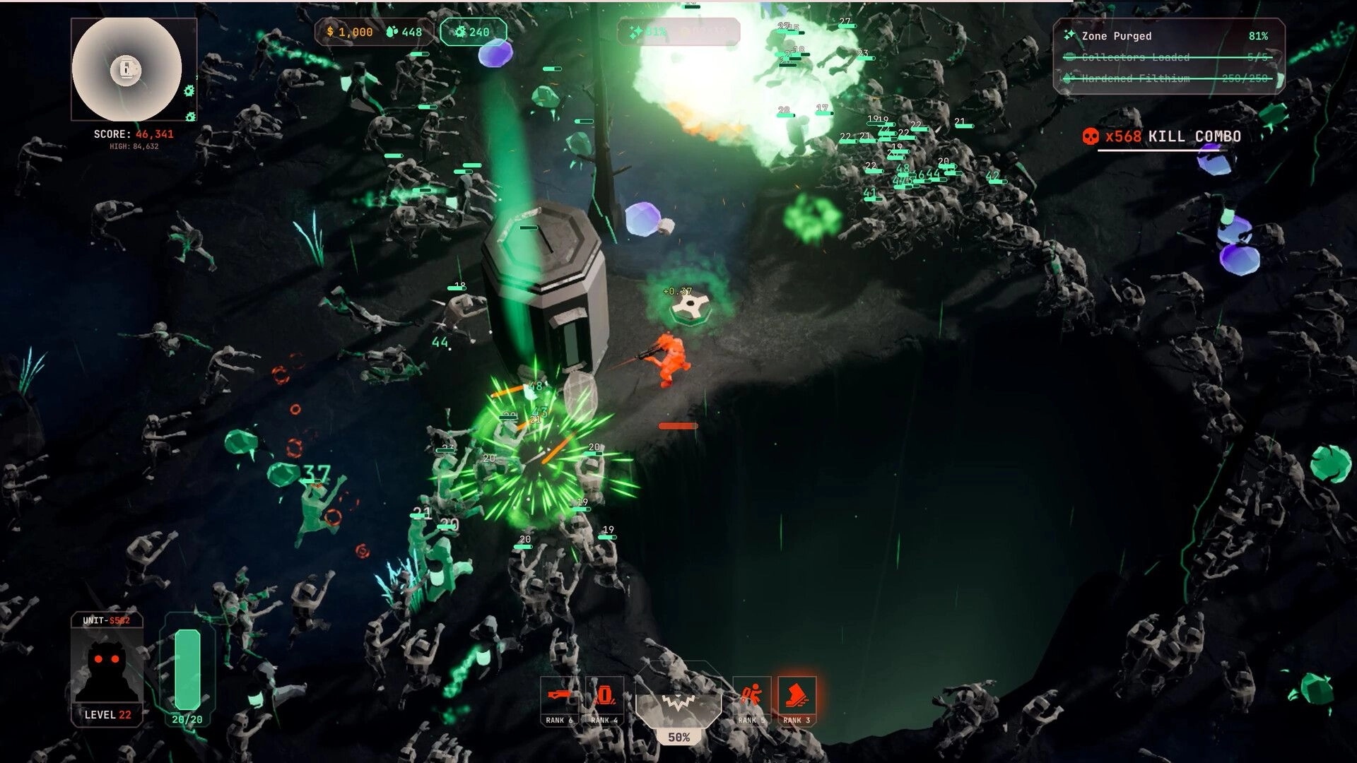 Filthium Zero: Player in orange suit battling mutants near a chasm with score and kill combo displayed.
