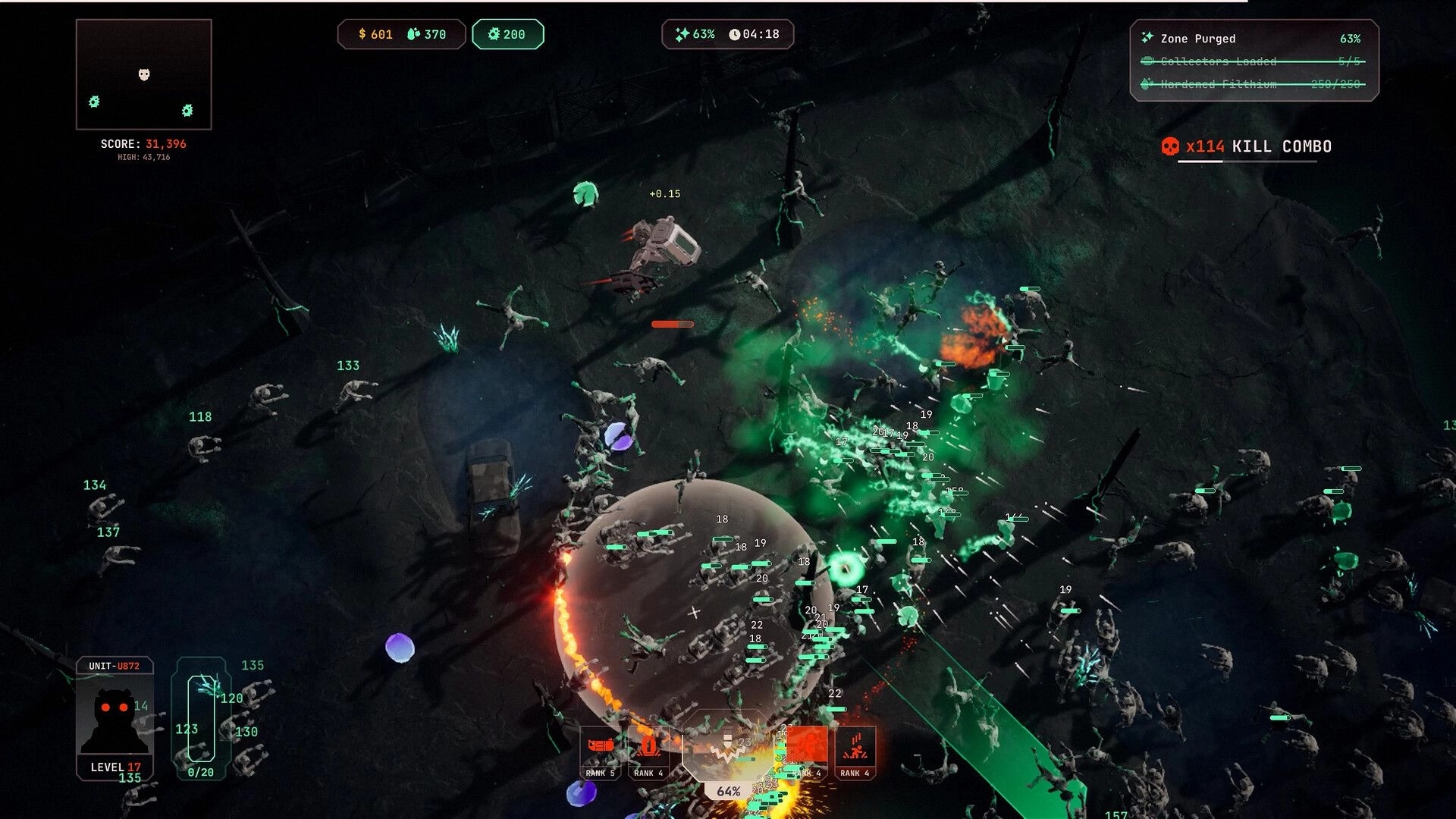 Filthium Zero: Top-down view of intense mutant combat with HUD showing score and kill combo in wasteland