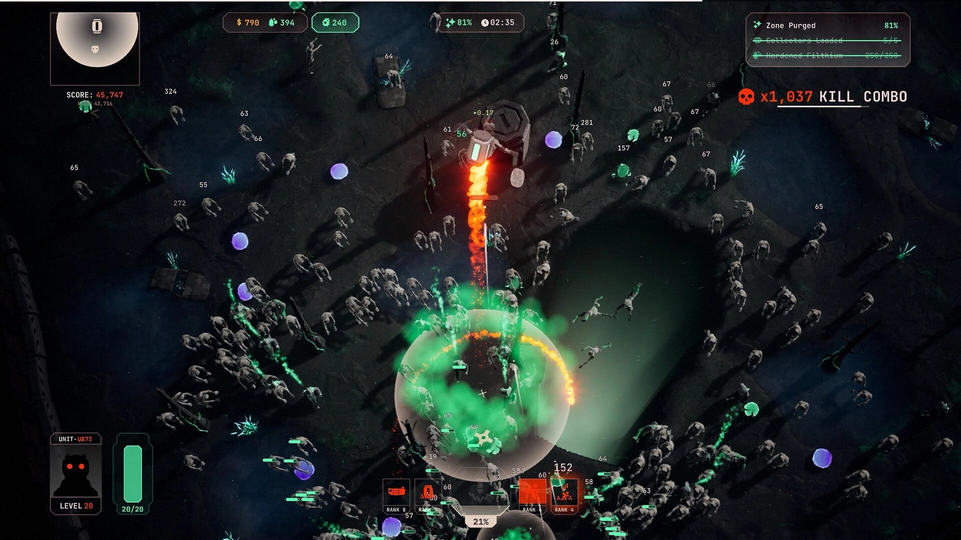 Filthium Zero: Aerial combat with a mech firing lasers at mutant hordes in a dark, infested zone.