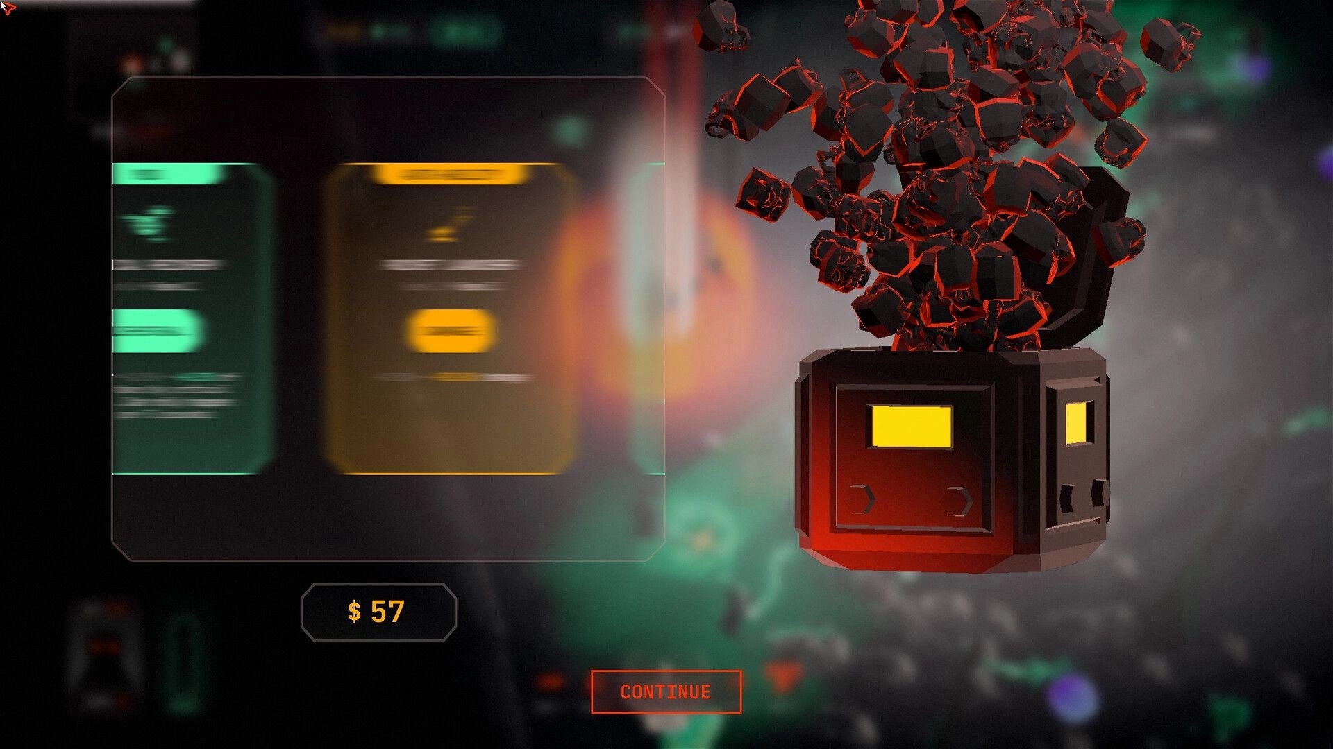 Filthium Zero: Upgrade selection screen with glowing cube and currency display in dark environment