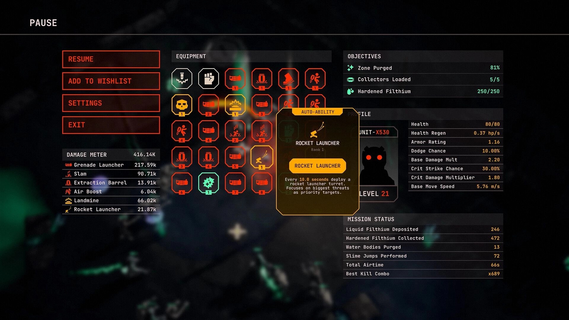 Filthium Zero: Pause menu with equipment icons, objectives, and character stats in a dark interface