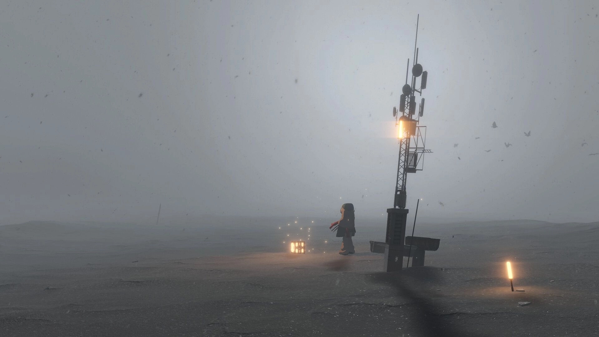 Fimbulstray: Lone girl stands by a glowing crate and radio tower in a foggy, windswept wasteland.
