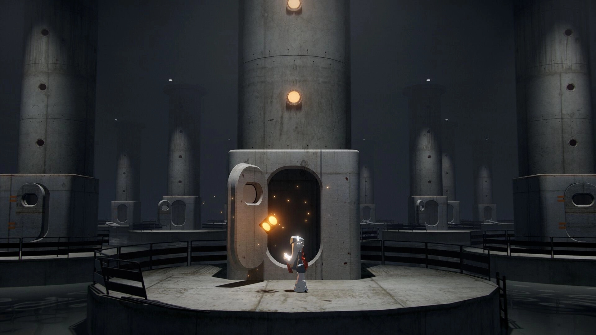 Fimbulstray: Girl stands by a glowing doorway on a round platform amid towering concrete pillars.