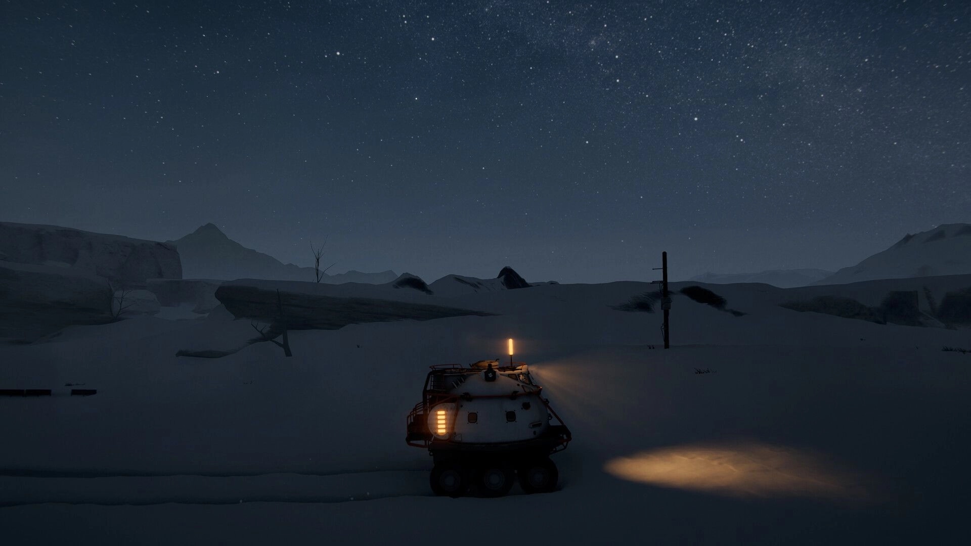 Fimbulstray: Rover with headlights idling in snowy wasteland under a star-filled night sky.