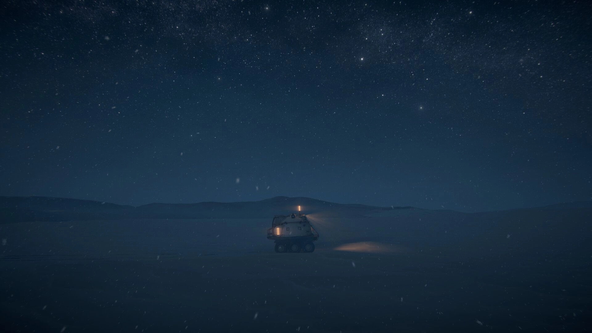 Fimbulstray: Lone tracked vehicle idles in blowing snow under a vast starry night sky on tundra.