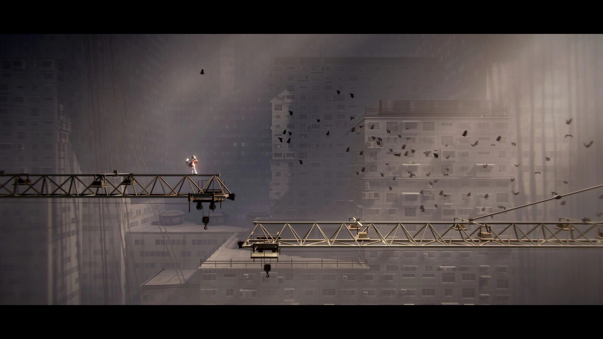 Fimbulstray: Lone girl stands on a crane beam above foggy high-rise ruins as birds swirl nearby.