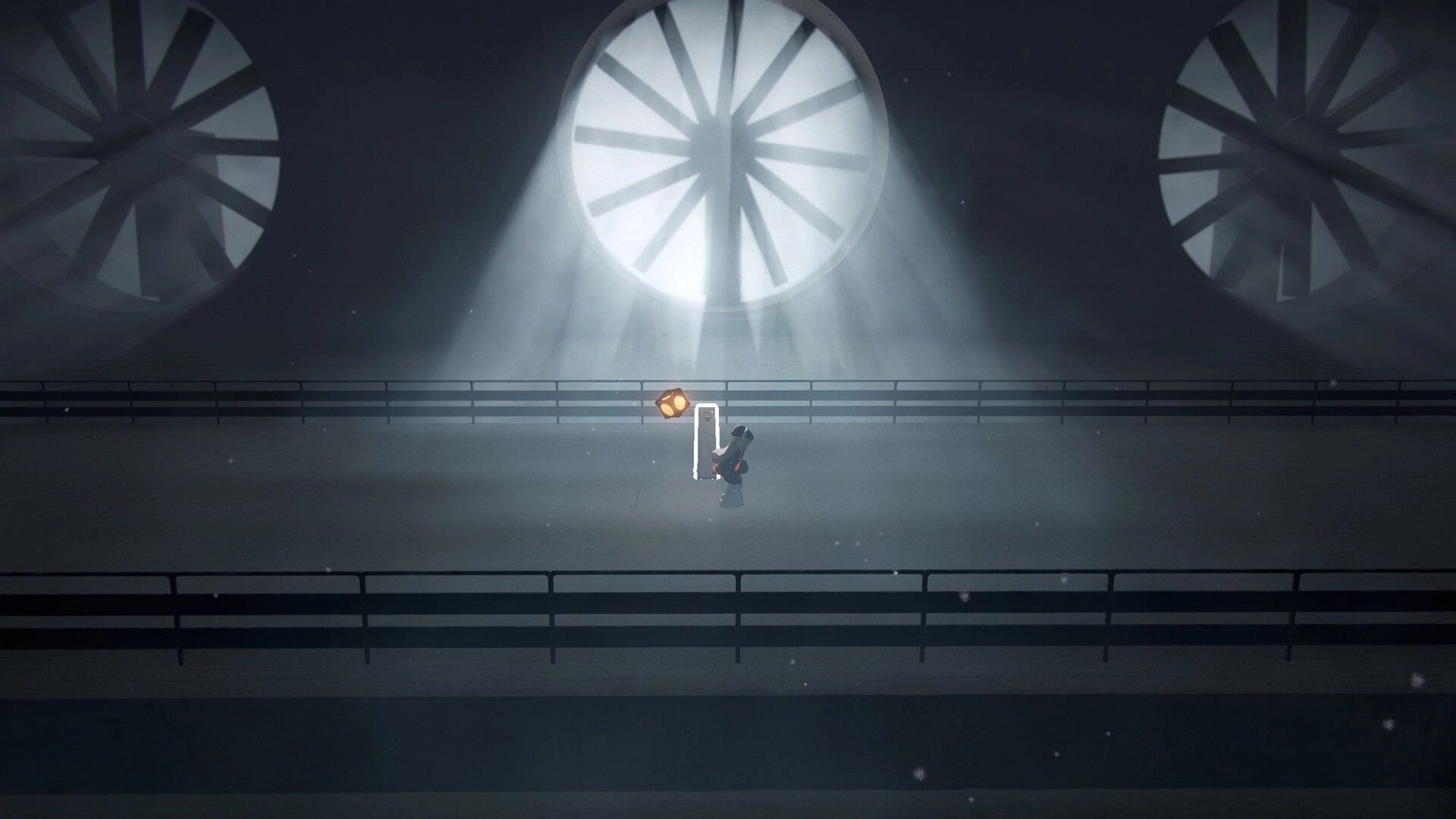 Fimbulstray: Hooded girl activates a control panel on a catwalk beneath huge lit fans in fog.