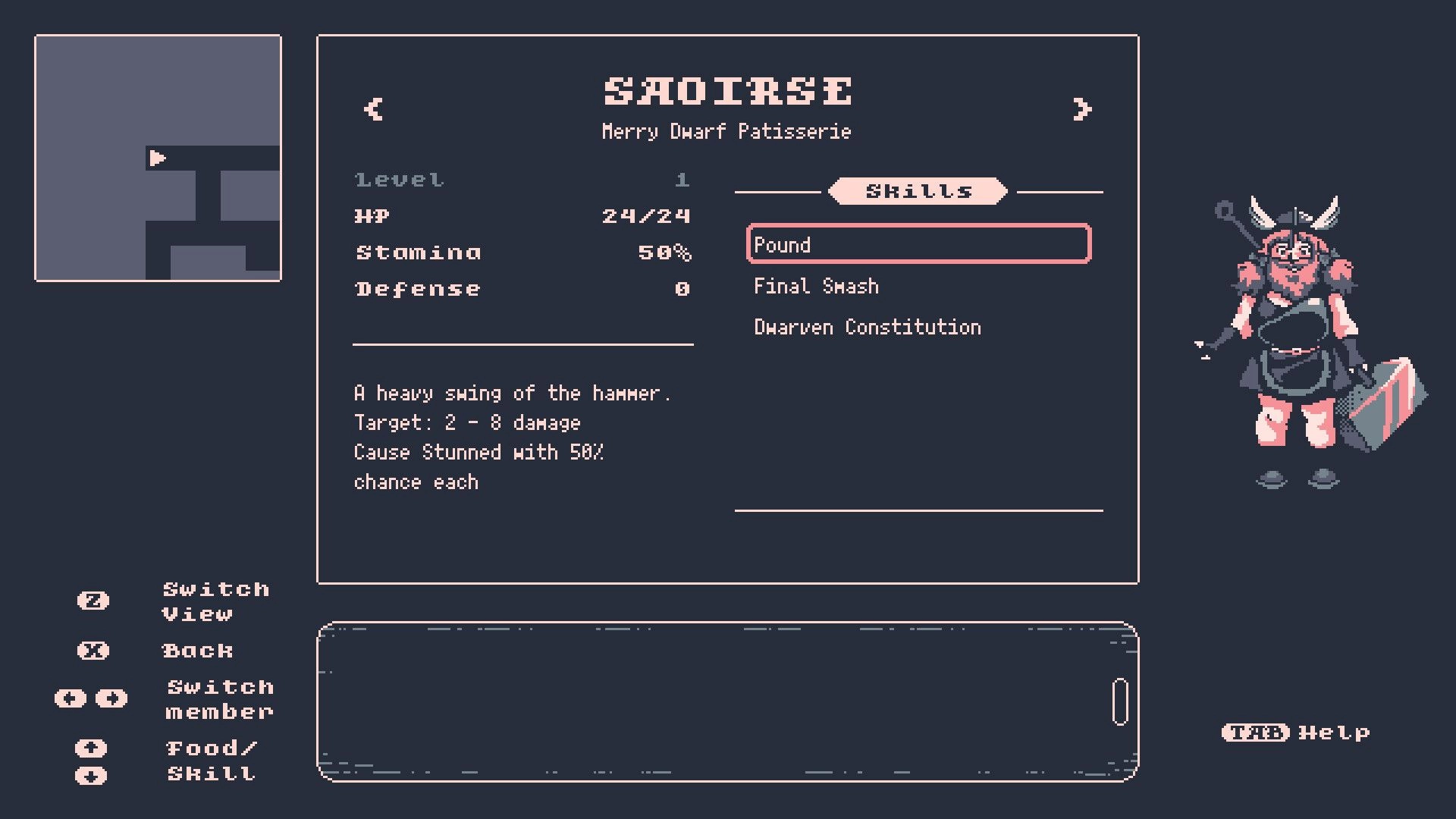 Final Flavor: Character status and skills menu for SAIORSE with dwarf sprite and Pound selected.