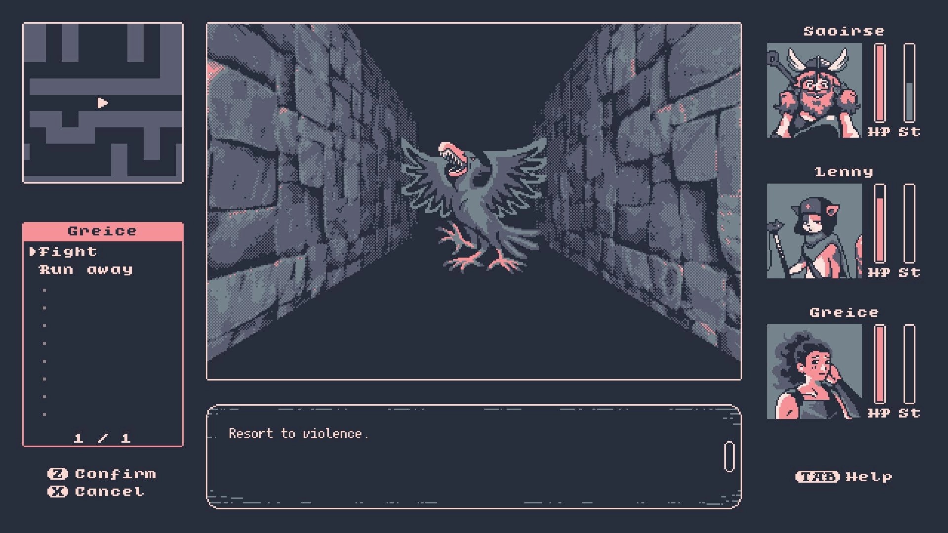 Final Flavor: Fight menu vs a crow-like enemy in a stone dungeon corridor with party HP/St UI.