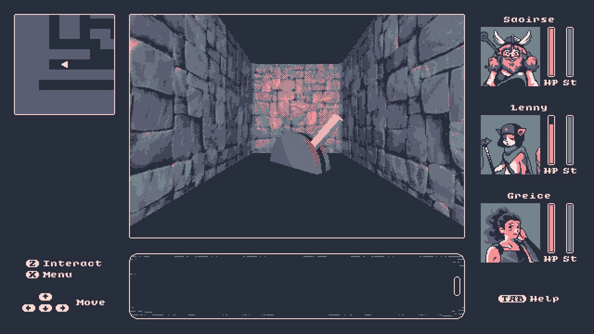 Final Flavor: Party HUD and minimap while exploring a narrow stone dungeon corridor in first-person view.